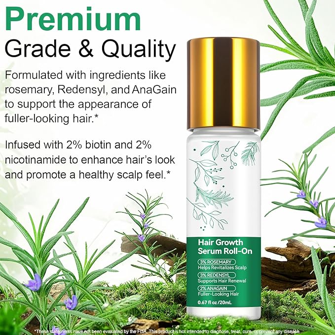 Rosemary Hair Growth Serum Roll On, Hair Thicker Serum with 3% Rosemary, 3% Redensyl & 2% Anagain, Scalp Serum, Reduces Hair Fall & Follicle Strengthener, Thicker, Fuller Hair, All Hair Types (3PCS)
