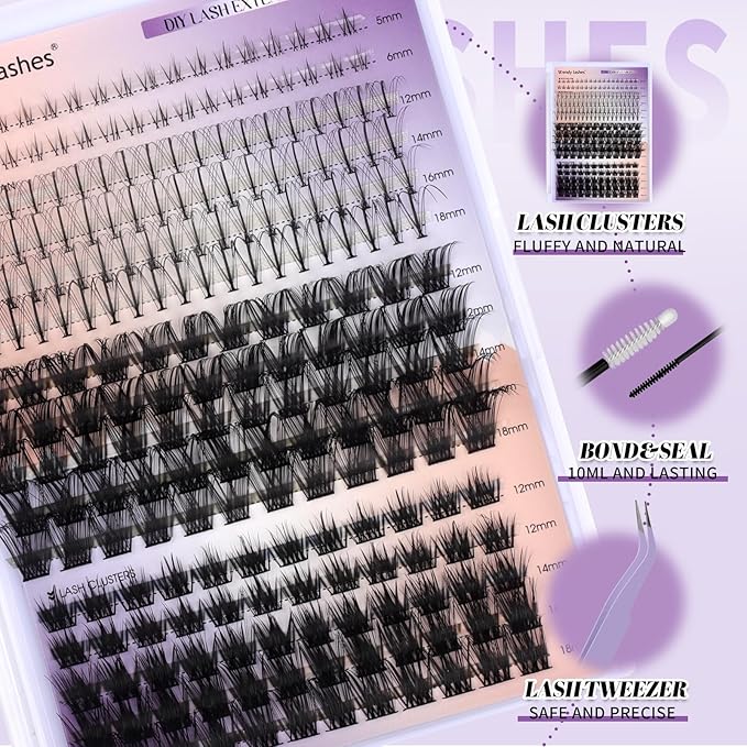 DIY Lash Extension Kit Lash Clusters With Bottom Lashes Volume/Wispy Clusters12-18mm Multi-types Individual Lashes Bond and Seal, Spike, Volume Kit Lash Applicator(Wispy Kit)