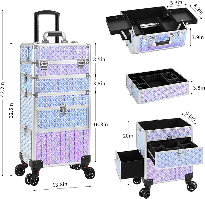 AROUS Rolling Makeup Train Case with 3 Drawers, Cosmetology Case on Wheels Nail Trolley Cart Salon Station Organizer Cases for Nail Tech, Face Painting,Hairstylist, Makeup Artist, Silver