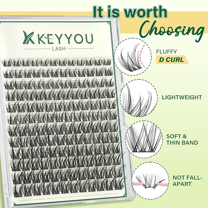 KEYYOULASH Lash Clusters Natural&Wispy Eyelash Clusters D Curl 144pcs Fluffy Eyelash Clusters Thin Band Lashes Clusters for Beginner DIY Cluster Eyelash Extensions at Home(KY03-8-18MIX)