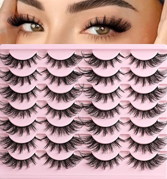 Cat Eye Lashes Wispy Fox Eyelashes Strips Natural D Curl Lash Pack 14 Pairs Lightweight Fluffy Cateye Lashes Soft Cotton Band Wispies Full Easy Russian Strip Eyelash for Women