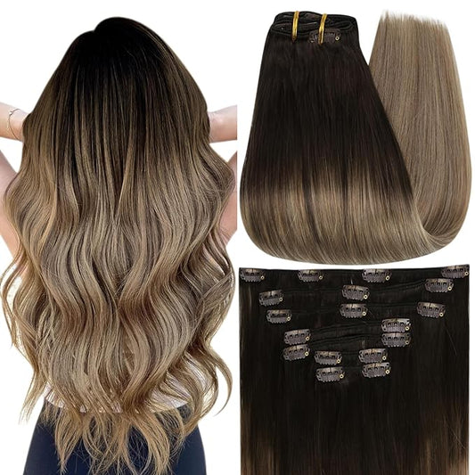 Full Shine Clip in Hair Extensions Ombre Human Hair Dark Brown to Ash Brown With Blonde Real Hair Extensions Clip ins 14 Inch 7 Pcs 120 G