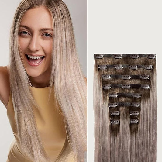 Luxy 100% Remy Human Hair - Seamless Clip-In Hair Extensions - Multi-Dimensional Color for Natural Blending, Adds Volume & Length 150 grams 12" Dimensional Rooted Ash Blonde