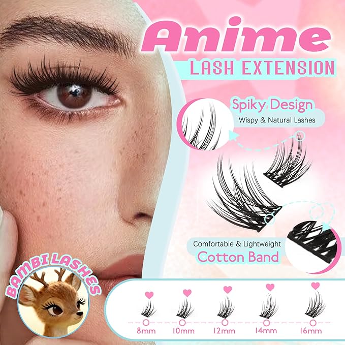 Lash Clusters Anime Spiky Eyelash Extensions Triple Spikes Doll Manga Lash Clusters 8-16MM C Curl 144Pcs Cosplay Doe Eyed Individual Lashes for DIY at Home (Lavender)