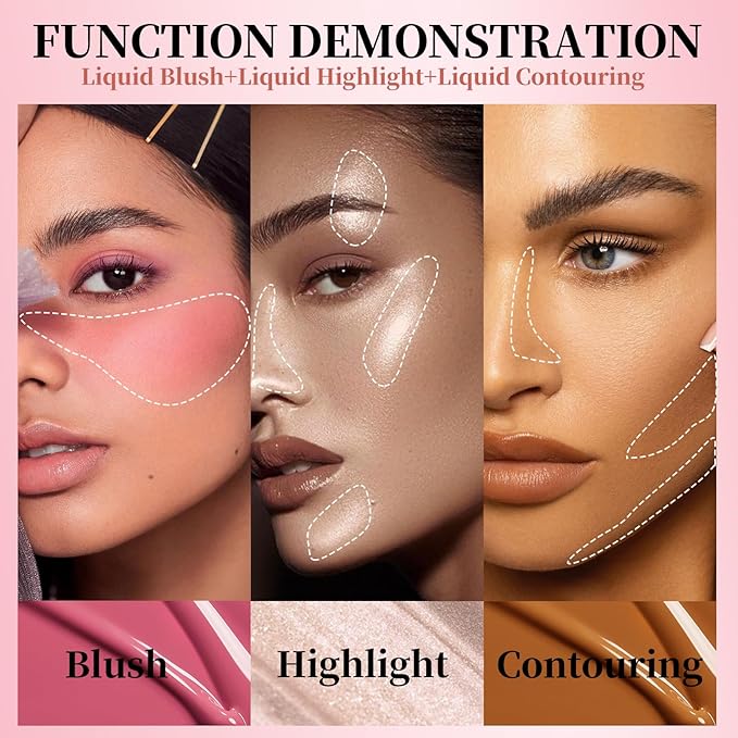 URQT 3PCS Highly Pigmented Liquid Contour - Built-in Sponge Tip Sculpted Complexion Wand Long Lasting Natural Buildable Highlighters Contouring Bronzer (Contour+Highlighter+Blush)