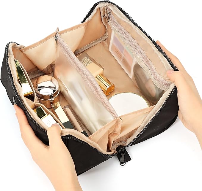 NISHEL Travel Makeup Bag for Women, Fluffy & Lightweight Open Flat Cosmetic Organizer with Multiple Functional Divider for Brush Independent Storage, Handle for Easy Portability, Black