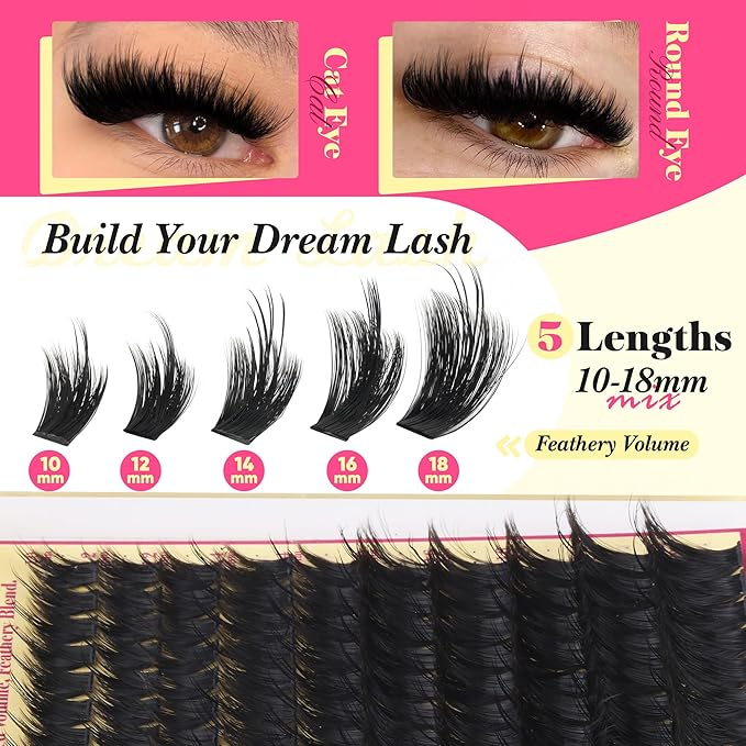 Volume Lash Clusters with Spiky Manga Lash Clusters 300D Eyelash Clusters 10-18MM Thick Wispy D Curl Cluster Eyelash Extensions 3D Fluffy Cluster Eyelash Extensions by FANXITON