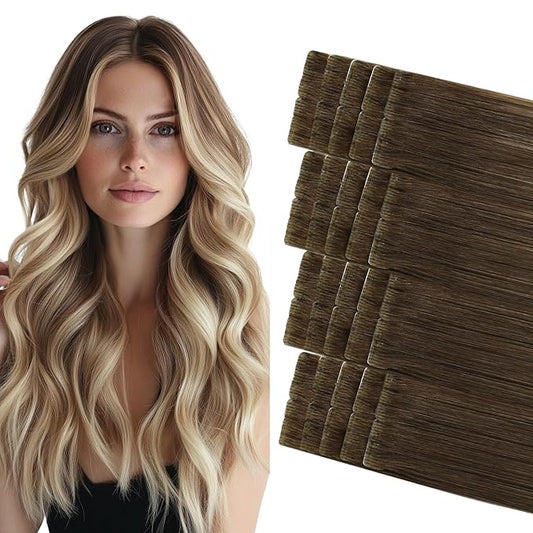 COOKAYU Invisi Edge Tape in Hair Extensions, Tape in Human Hair Extensions Walnut Brown to Ash Brown and Blonde Seamless Injected Human Hair 20pcs/pack 22Inch 50g