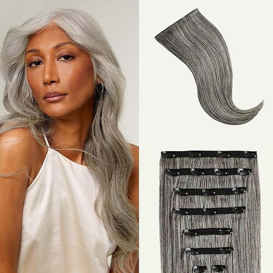 Luxy 100% Remy Human Hair, Classic 160g Clip-In Hair Extensions - 10 Wefts Multi-Dimensional Color for Natural Blending, Adds Volume & Length, Easy Apply & Remove 20" Light Gray Classic