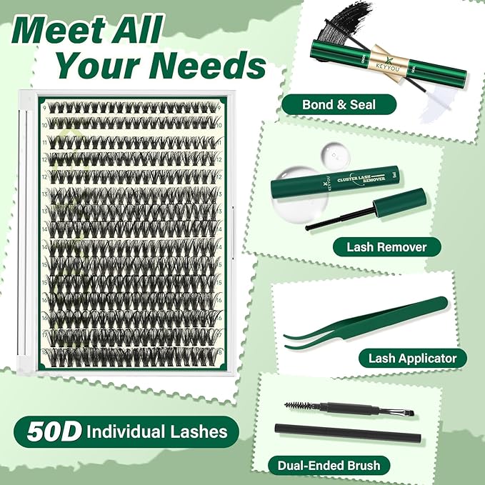 KEYYOU Lash Extension Kit DIY 300Pcs Lash Clusters Eyelash Extension Kit 50D C Curl 9-18MIX Lash Clusters Kit with Lash Glue Remover Applicator Easy to Use for Beginners(Kit,50D-C,9-18MIX)