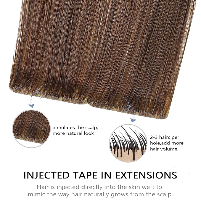COOKAYU Invisible Tape in Human Hair Extensions, Medium Brown Injected Tape ins Real Human Hair Seamless Extensions 20pcs 30g 14Inch