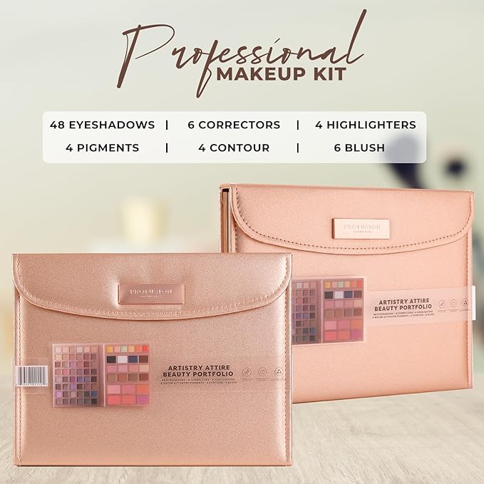 Profusion Cosmetics Artistry Attire 72pc Makeup Kit - Fold-Out Portfolio with 48 Eyeshadows, 6 Blushes, 4 Highlighters, 4 Eyeliners and 4 Bronzers a Full Face Beauty Set