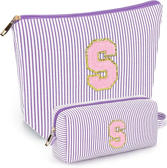 mibasies 2 PCS Initial Makeup Bags for Women: - Birthday Gifts for Teen Girls 11 12 13 14 15 16 Years Old - Preppy Trendy Stuff - Cosmetic Bag for Travel Toiletry - Purple S