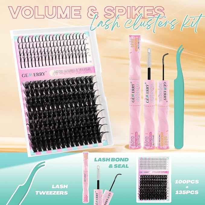 GEMERRY Lash Clusters Kit 100D Long 12-21mm with Spikes Cluster Eyelash Extensions Kit DIY Wispy Natural Lash Clusters with Lash Bond and Seal Spiky Individual Lashes Eyelashes