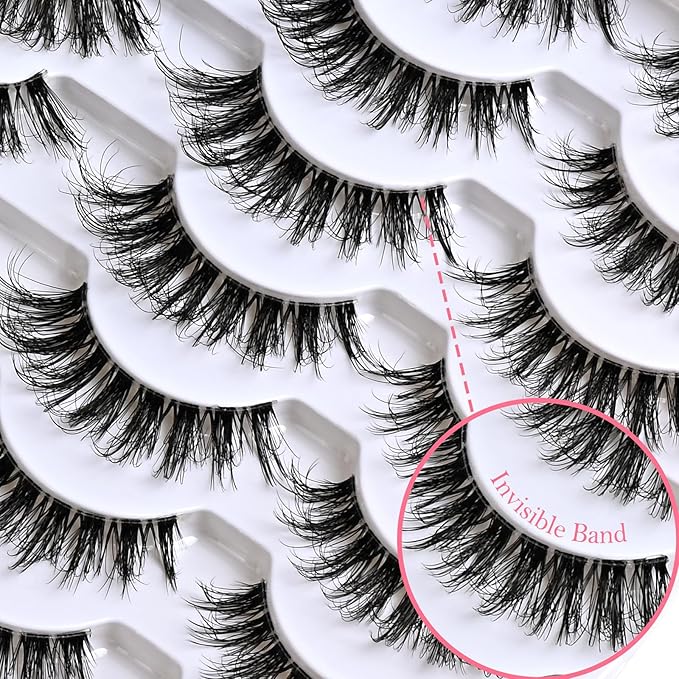 Cat Eye Lashes Natural Wispy Eyelashes 14 Pairs Fake Lashes Strips 8-15mm Short False Mink Eyelash Pack Small Clear Invisible Band Wispies Strip Lash Natural Look