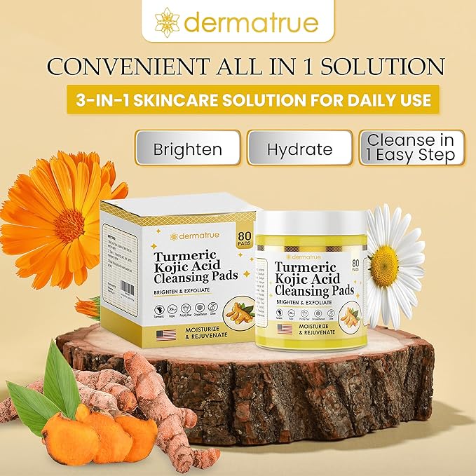 Turmeric Kojic Acid Cleansing Pads For Face Exfoliating And Dark Spots, 80pcs, Brightening, Balance and Moisturize Skin, with Vitamin B, Retinol, Prickly Pear, Olive Oil, Gentle For All Skin Types