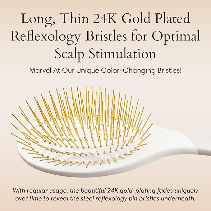 Snow Fox Skincare Gua Sha Hair Brush - White Edition. Scalp Massage Comb with Gold-Plated Metal Bristles for Healthy Follicles. Soothing Gua Sha Acupressure Tool for All Hair Types