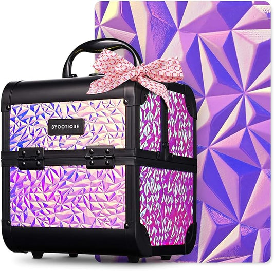 BYOOTIQUE Mermaid Makeup Train Case with Mirror 2-Tier Trays Cosmetic Organizer Lockable Jewelry Box for Nail Bar Beautician Salon Barber Hairstylist,Mermaid Pink