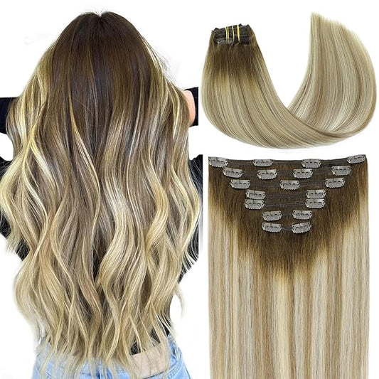 VINBAO Hair Extensions Clip in Human Hair, 14 Inch 140g 7pcs Ombre Walnut Brown to Ash Brown and Golden Blonde Balayage Clip in Hair Extensions Human Hair (#HC3822,14'')