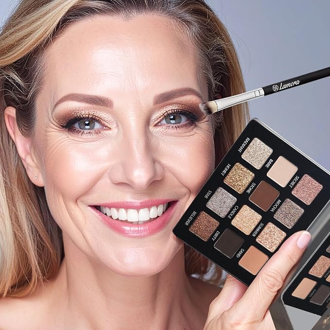 Lamora Nude Neutral Eyeshadow Palette - 12 Natural Highly Pigmented Shimmer & Matte Shades - Travel Size Makeup Palette with Mirror