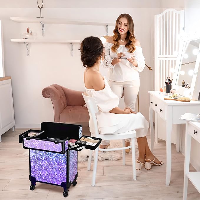 BYOOTIQUE Rolling Makeup Case on wheels Nail Traveling Organizer box False Eyelash Storage for Nail Technician Beauty Salon Barbershop Hairstylist,Mermaid Purple