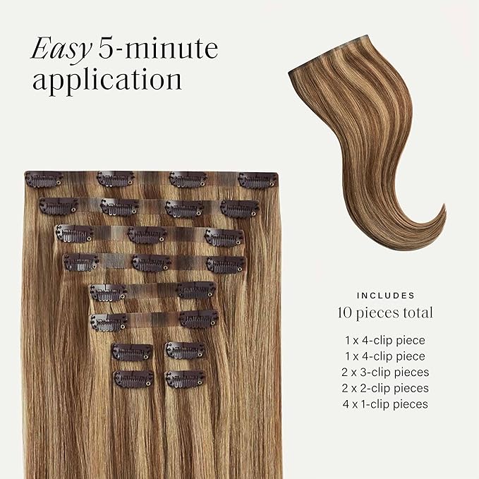 Luxy 100% Remy Human Hair - Seamless Clip-In Hair Extensions - Multi-Dimensional Color for Natural Blending, Adds Volume & Length 50 grams 12"Chestnut Brown Highlights Seamless