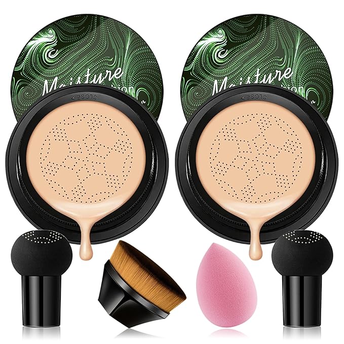 2PCS Mushroom Head Air Cushion CC Cream, Moisturizing Lasting Oil Control BB Cream for All Skin Types, Full Coverage Concealer Liquid Foundation Face Makeup Set with Foundation Brush & Makeup Sponge A