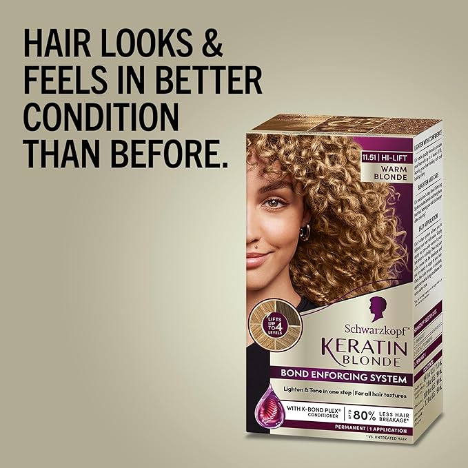 Schwarzkopf Keratin Blonde Hair Dye, 11.51 Warm Blonde, Professional Quality Hi-Lift Permanent Hair Color, Bond Enforcing System Helps Prevent Breakage* Pre-Color Serum & Conditioner Included