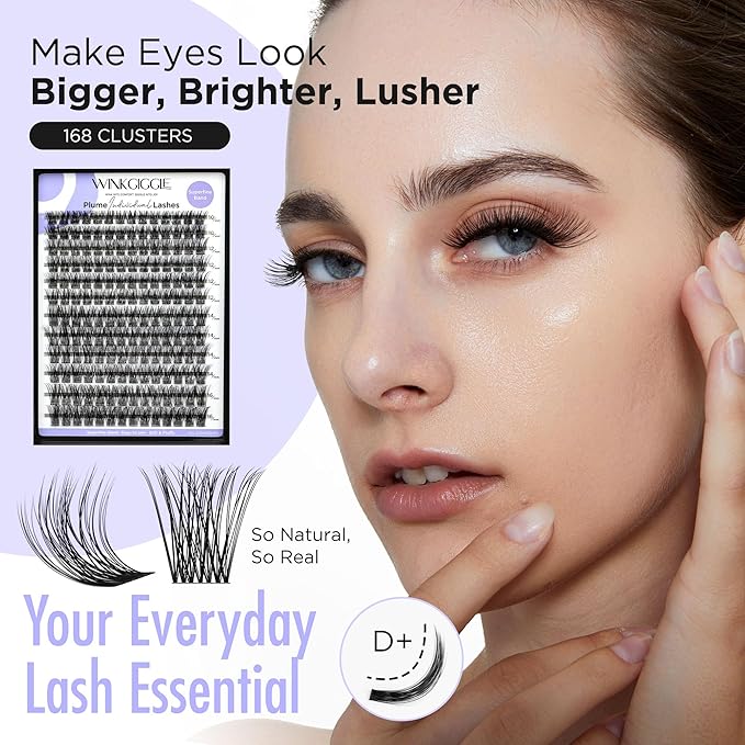 Lashes Clusters Natural Look 168Pcs Wispy Lashes Reusable Super Thin Band & Soft Individual Volume Faux Mink Lashes by Winkgiggle(703D+)