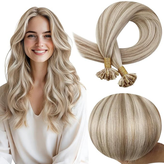 Full Shine K Tip Hair Extensions Human Hair 22 Inch 50 Grams Ash Blonde Highlight Blonde Keratin Hair Extensions Real Human Hair for Women Prebonded Extensions