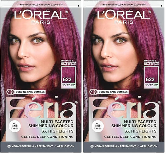 L'Oreal Paris Feria Multi-Faceted Shimmering Permanent Hair Color, 622 Fuchsia-cha, Pack of 2 Hair Dye Kit