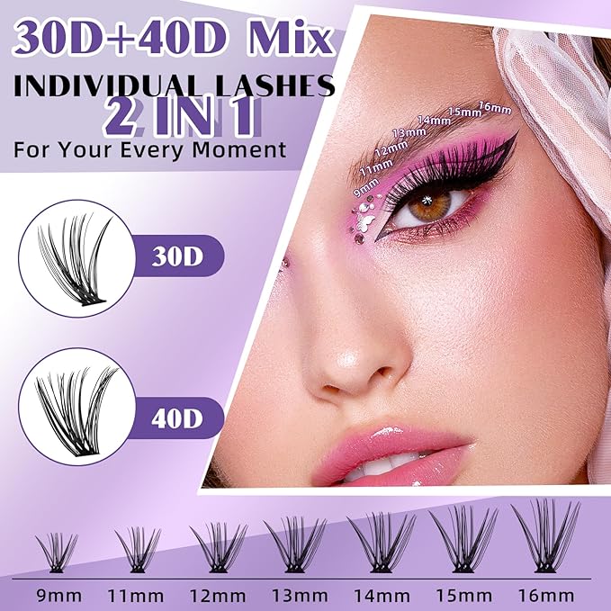 B&Qaugen DIY Lash Extension Kit 280pcs Individual Lashes Cluster 30+40D C Curl Eyelash Extension Kit with Bond and Seal and Applicator Tool for Self Application (Set,30D+40D-C-9-16MIX)