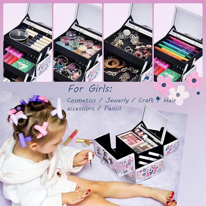 Joligrace Makeup Case for Girls Cosmetic Train Case Makeup Storage Box Jewelry Organizer Hair Accessories Lockable with Trays & Mirror Kids Gift Coloful Pink Unicorn