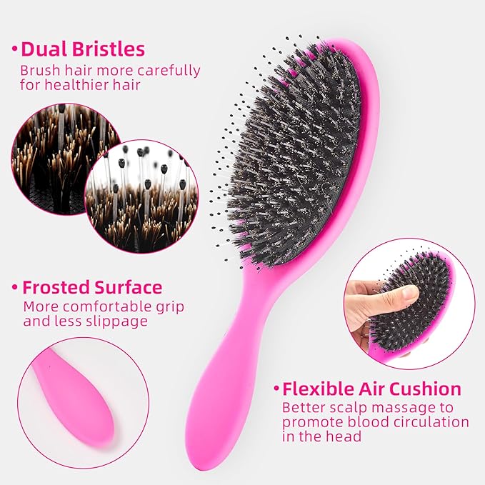Boar Bristles Hair Brush for Women and Men, Detangling Hair Brush for Smoothing Massage Add Shine, Nylon&Boar Bristles Detangler brush for Hair Healthy (HotPink)