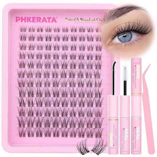 Invisible Band Lash Clusters Kit Wispy Lash Extension Kit Natural Eyelash Clusters DIY Cluster Eyelash Extension Kit Individual Lashes with Lash Glue Bond and Seal Tweezers, 8-16 mm