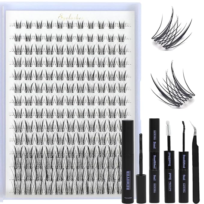 Lash Clusters Kit, Eyelash Clusters Individual Lash Extension Kit D Curl Fluffy Wispy False Eyelashes Extensions Thin Band with Bond Seal Tweezers Brush (SMY-XYJ-KIT)