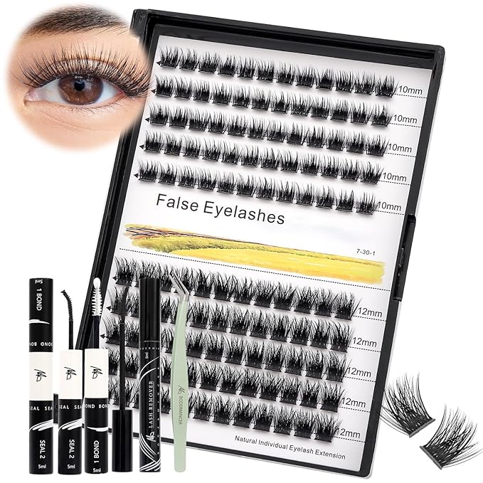 Bodermincer 120 Clusters 10mm+12mm/12mm+14mm/14mm+16mm Mixed Wide Cluster False Eyelash Individual Cluster EyeLashes Grafting Fake False Eyelashes Eyelash Extension (KIT M01 Black 10mm+12mm Mixed)