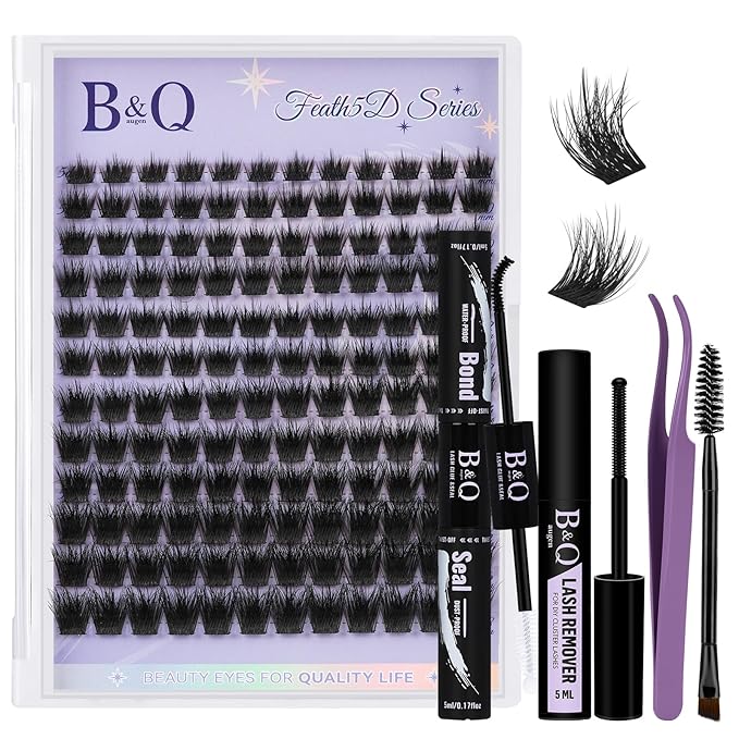 B&Q Lash Clusters Kit 144 pcs 5D Layered Volume Lash Extension Kit 8-18 mm Feathery Soft Lightweight Eyelash Clusters with Waterproof Bond and Seal Eyelash Applicator Remover (Set-Feath5D 03)
