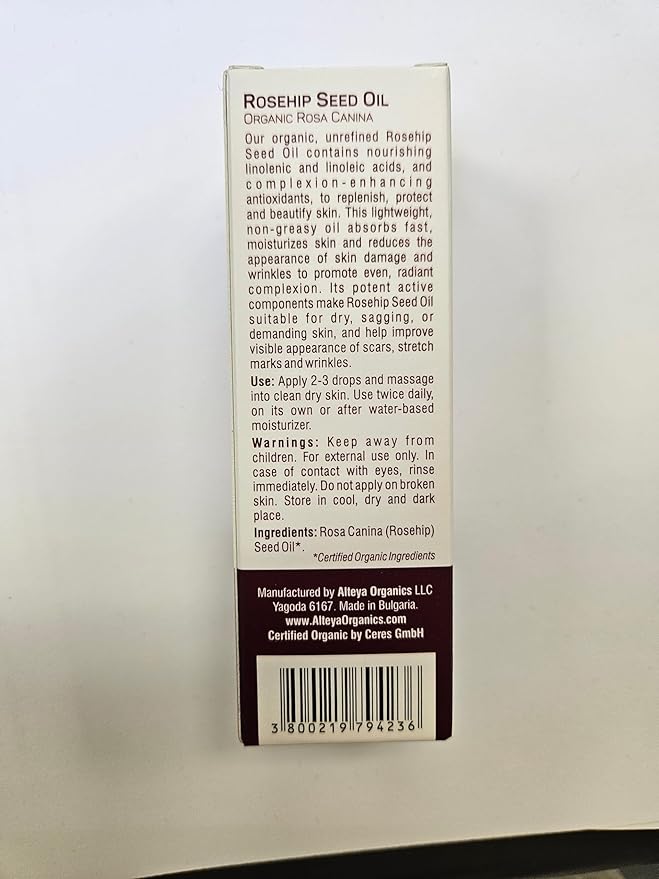 Alteya Rosehip Seed Oil USDA Certified Organic Face Oil, 1.7 Fl Oz/50mL Glass Bottles with Pipette, All-Natural Moisturizer