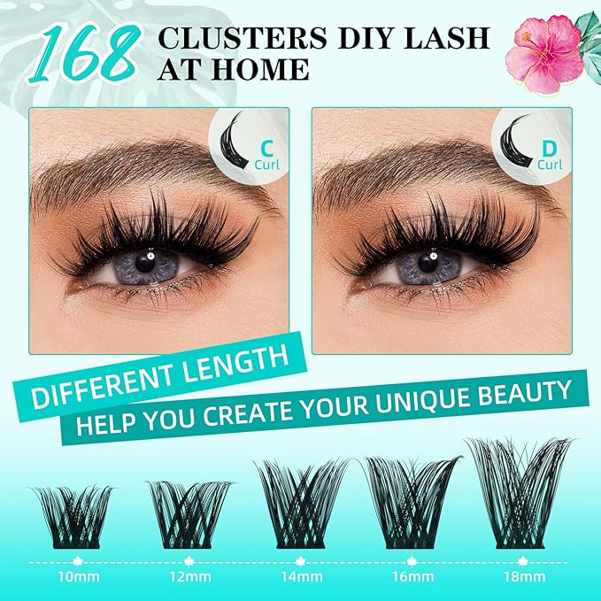 Lash Clusters Wet Look 168Pcs Eyelash Cluster Ultra-Thin Lash Band Eyelashes Extensions Spiky Anime Wide Span Lashes(Tulip,D-16mm)