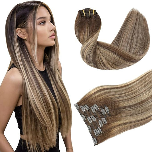 Youngsmile Clip in Hair Extensions Human Hair, Clip in Extensions,Natural Human Hair, Balayage Chocolate Brown with Caramel Brown,Thick End,22Inch 7 Pcs 120 Gram (CLIP#4/27/4-22Inch)