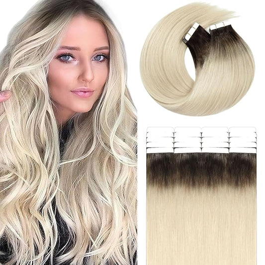 Lacer Tape in Hair Extensions Real Human Hair Rooted Darkest Brown to Platinum Blonde Invisible Human Hair Tape in Extensions Double Sided PU Weft Hair Extensions Tape in 40pcs 60g 12 Inch