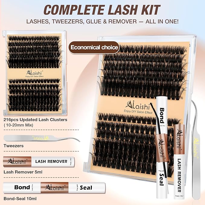 Lash Clusters Kit, DIY Cluster Eyelash Extensions 10‑20mm, 80D+100D, 216pcs Fluffy D Curl Natural Lashes with Bond & Seal,Remover,Tweezers – Fake Cat Eye Individual Clusters