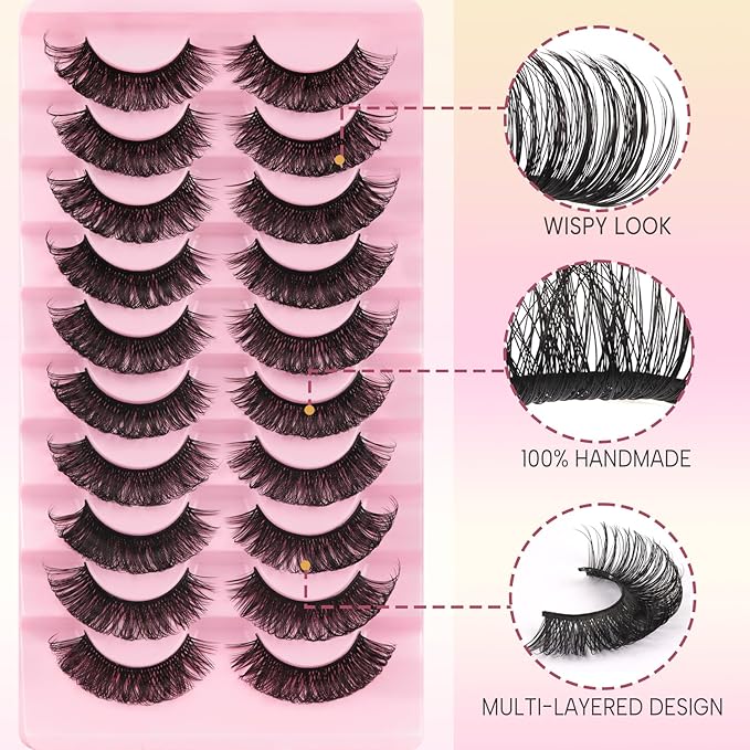 Ahrikiss Lashes Russian Strip Lashes That Look Like Extensions D Curl Wispy False Eyelashes 10 Pairs 3D Volume Fake Lashes Fluffy Faux Mink Lashes Natural Look (D16)