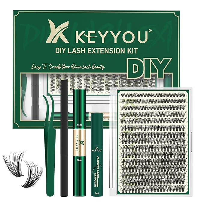 KEYYOU Lash Extension Kit DIY 300Pcs Lash Clusters Eyelash Extension Kit 40D C Curl 9-18MIX Lash Clusters Kit with Lash Glue Remover Applicator Easy to Use for Beginners(Kit,40D-C,9-18MIX)