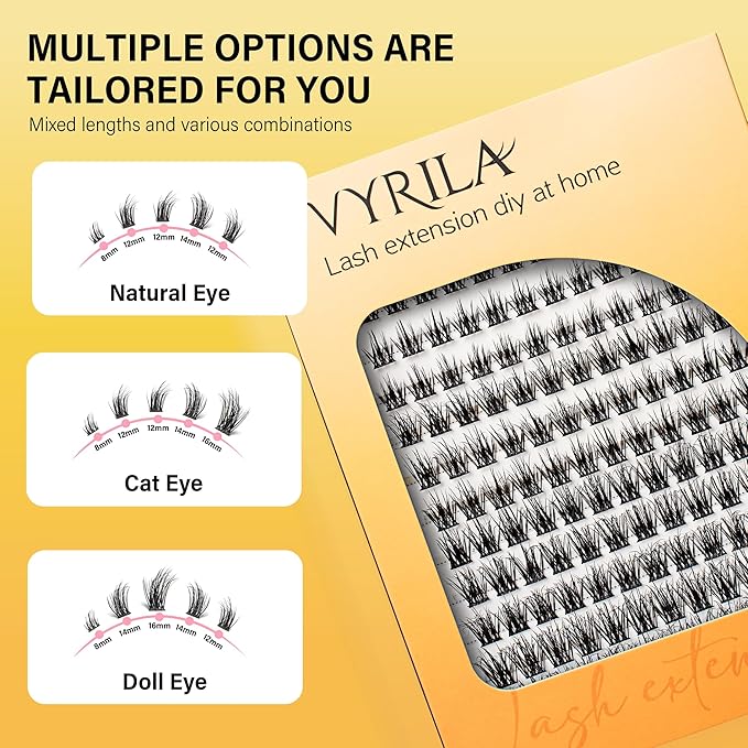 Lash Clusters 8-16mm, False Eyelashes 144pcs, Cluster Eyelash Extensions Matte Black Soft, Diy Lash Extensions D Curl Natural Lash Clusters Faux Mink Lashes Wispy（Blaze,144pcs,0.07,D,8-16MIX)