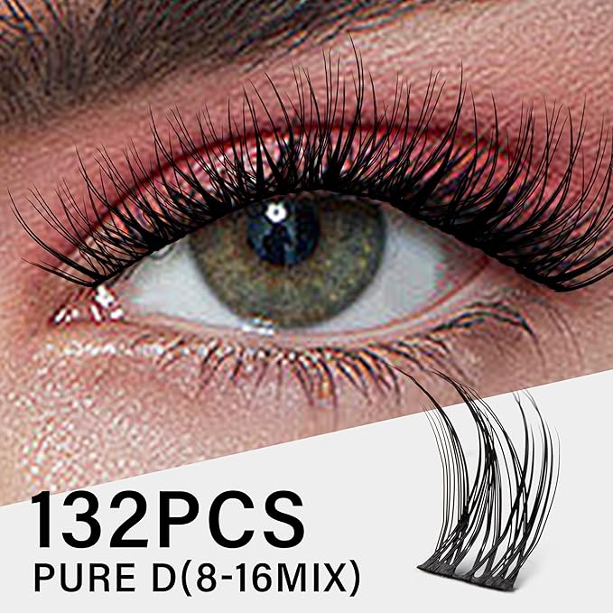 Lash Clusters 8-16mm, False Eyelashes 132pcs, Cluster Eyelash Extensions Matte Black Soft, Diy Lash Extensions D Curl Natural Lash Clusters Faux Mink Lashes Wispy（Pure,132pcs,0.07,D,8-16MIX)