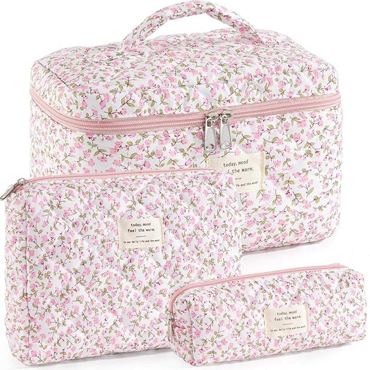 Makeup Bag for Women 3PCS Quilted Cotton Make Up Bag Travel Cosmetic Bag Large Makeup Bag Set Cute Makeups Organizer Floral Toiletry Pouch for Purse, Pink Floral D