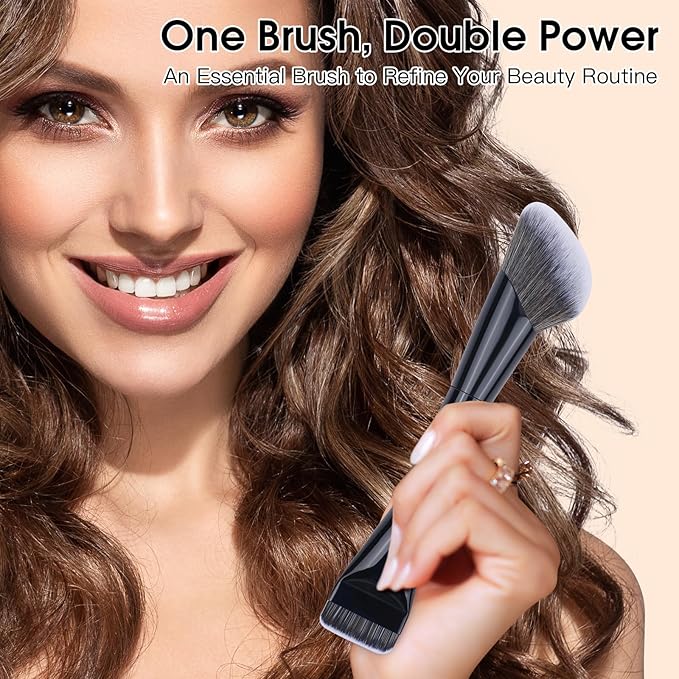 Dual-Ended Makeup Brush,Flat Top Foundation & Angled Contour Brush for Flawless Blending, Smooth Coverage & Effortless Contouring, Ideal for Foundation, Blush, Bronzer & Powder (Black)