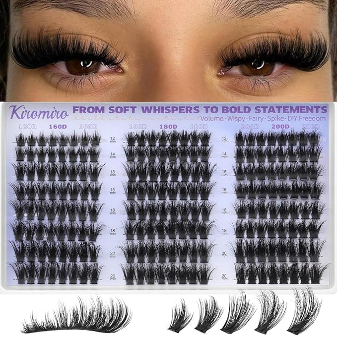 Kiromiro Lash Clusters with Spikes Cluster Eyelash Extensions 12-20mm Fluffy Eyelash Clusters 160D/180D/200D Mixed DIY Cluster Lash Extensions 192pcs Wispy Cluster Eyelashes